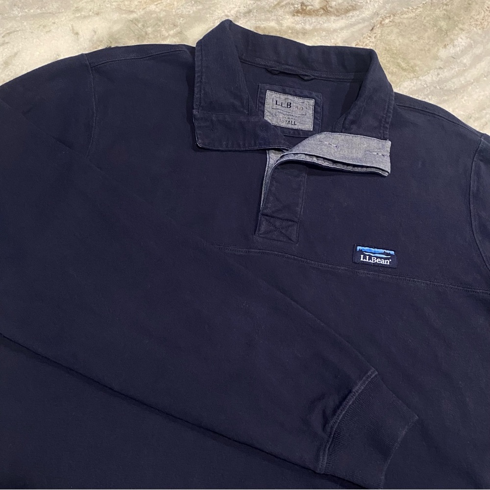 L.L.Bean Mens Traditional Fit 100% Cotton Pullover M Tall Navy 3-Button Collar